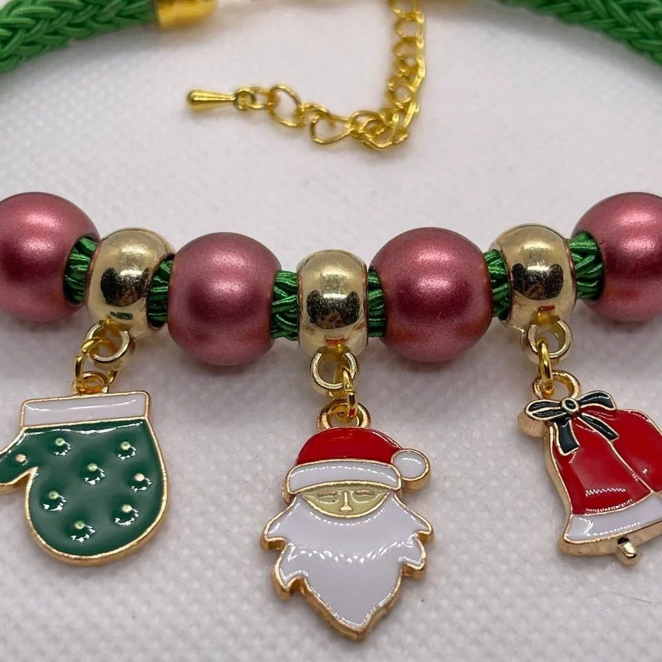 Ошейник-шнурок "Санта", S, зелёный, золотистый, красный